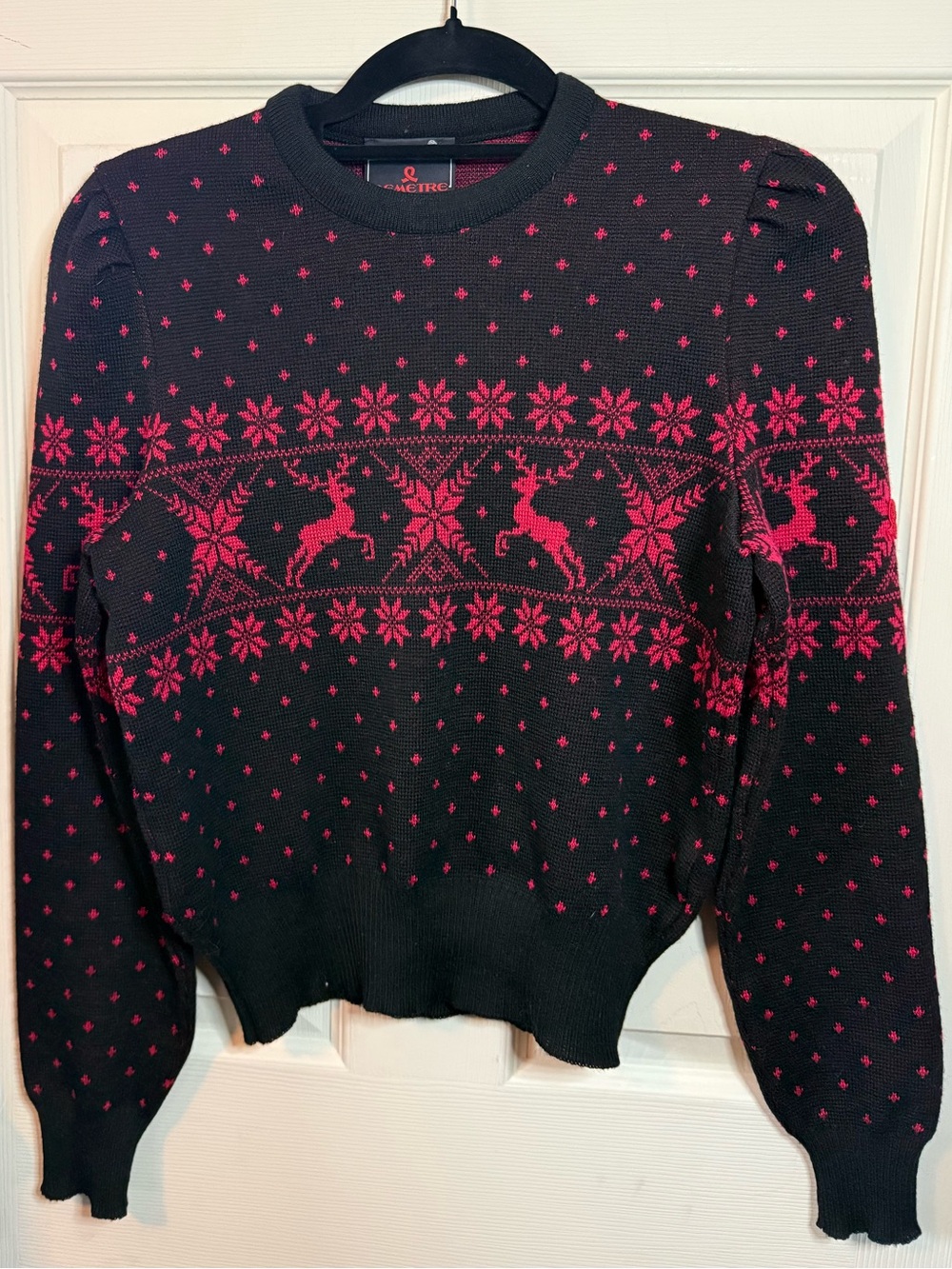 Demetre Vintage Women's Black & Red Reindeer Crewneck Wool Ski Sweater - Medium